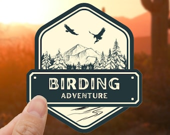 Birding Adventure Sticker, Bird Watcher Sticker, Mountains Decal, Outdoor Bird Watching, Gift For Bird Nerds, Wildlife Water Bottle Sticker