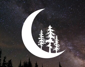 Crescent Moon Forest Vinyl Decal, Forest Camp Adventure Decal, Simple Car Window Stickers, Pine Tree Night Sky Popular Adhesive Vinyl Decal