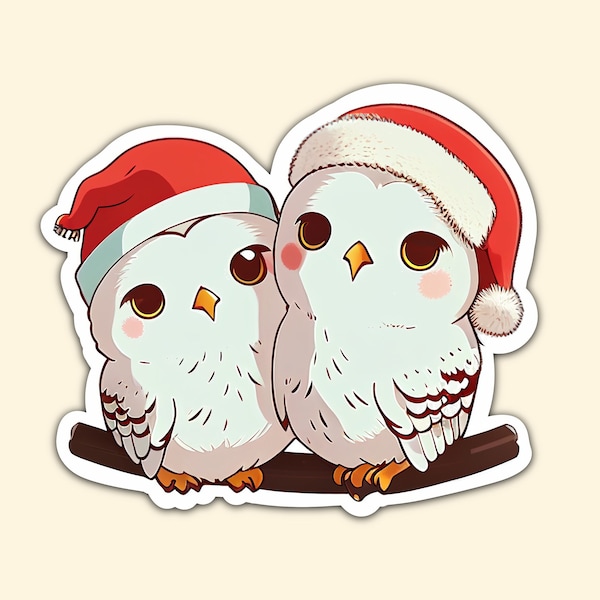 Snowy Owl Lovers Sticker, Santa Hat Snowy Owl Couple Sticker, Cute Birds Sticker, Owl Lovers Decal, Bird Watchers Gift, Christmas Stickers