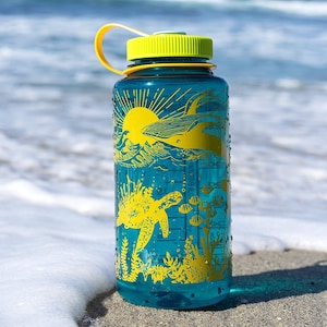 Blue Ocean Sea Creatures NALGENE Water Bottle, Whale Sea Turtle Jellyfish Coral Reefs Ocean Animals Outdoor Gifts, 32 oz Wide Mouth BPA Free