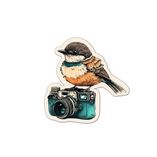 Bird on Camera Sticker, Birding Photography Decal, Beautiful Bird Watcher Gift, Bird Sticker, Birder Vinyl Laptop Decals, Water Bottle Decal