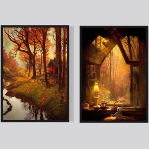 2er Set Drucke, Herbst Landschaft Malerei, Wandkunst Wald Landschaft Digitale Malerei, Autumh Wald Poster, Gold Herbst, Sofort Download