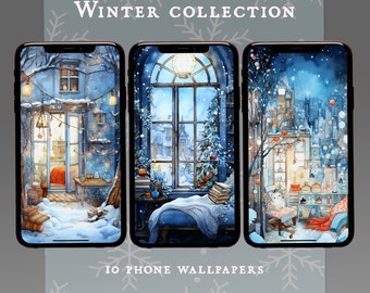 May include: Three iPhone wallpapers featuring winter scenes. The first wallpaper shows a snowy outdoor scene with a building and string lights. The second wallpaper shows a window with a view of a snowy street. The third wallpaper shows a snowy indoor scene with a cat sitting on a chair.
