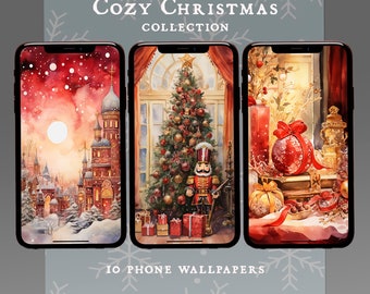 May include: Three phone wallpapers with a Christmas theme. The first wallpaper features a red and white snowy cityscape with a church in the background. The second wallpaper features a Christmas tree decorated with red and gold ornaments and a nutcracker standing in front of it. The third wallpaper features a red and gold Christmas ornament with a bow on top of a stack of books.