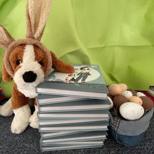 Könnte beinhalten: Ein Stapel Bücher mit hellblauen Einbänden, die eine Illustration einer Person und eines Hundes zeigen. Ein Plüschhund mit Hasenohren sitzt neben den Büchern. Ein Korb mit dekorativen Eiern ist ebenfalls vorhanden.