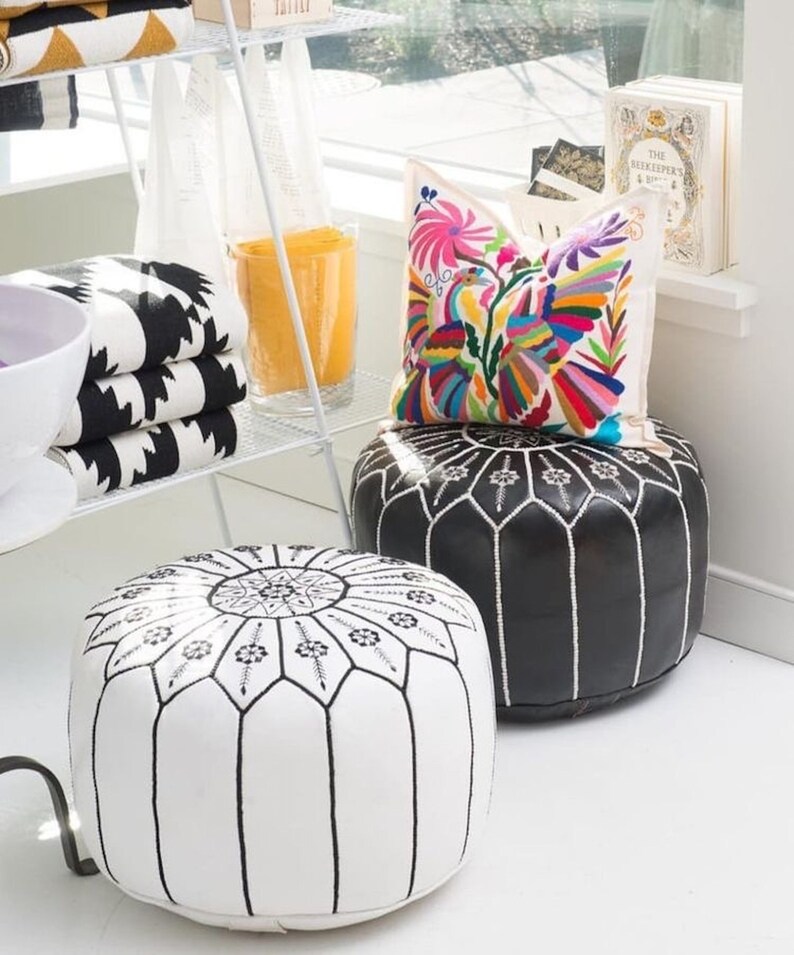 LOT of 2 Black and White Poufs Moroccan leather Pouf Ottoman Etsy