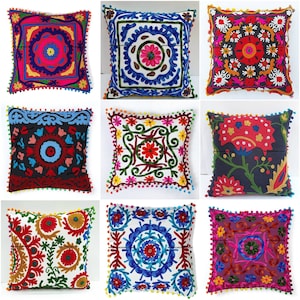 Suzani Colourful Wool Embroidered Boho Cushion Covers 16"x16" Indian Handmade Pillow Cases