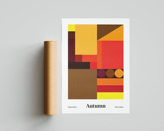 May include: Abstract geometric art print with a colorful design in shades of yellow, orange, red, brown, and purple. The print features a geometric pattern with squares and circles. The text "Autumn" is printed at the bottom of the print, along with the months September and December.