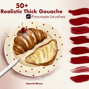 May include: Digital illustration of 50+ Realistic Thick Gouache Procreate brushes featuring a croissant with a cherry on a polka dot plate, a sliced croissant, a white stylus, and eight distinct dark red paint brush strokes on the right.