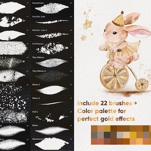 May include: A set of 22 digital brushes for creating gold effects. The brushes include foil, glitter, shine, and metallic line effects. A colour palette with 16 shades of gold is also included.