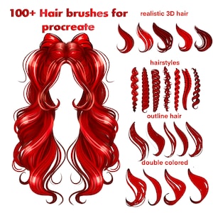 Puede incluir: Ilustración digital de pinceles de pelo rojo para Procreate. La imagen muestra varios peinados, incluyendo cabello 3D realista, cabello delineado y estilos de doble color. El texto dice "100+ Hair brushes for procreate".