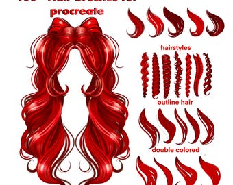 May include: Digital illustration of red hair brushes for Procreate. The image displays various hairstyles, including realistic 3D hair, outline hair, and double-coloured styles. Text reads "100+ Hair brushes for procreate".