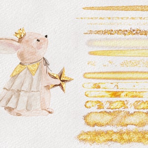 May include: A watercolour illustration of a light brown bunny wearing a gold crown and a gold and white dress, holding a gold star. The background features a collection of gold glitter and brushstroke designs.