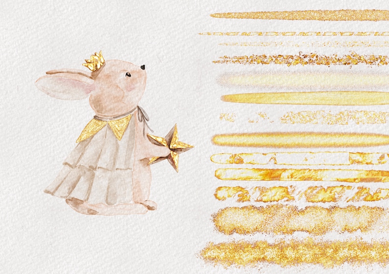 May include: A watercolour illustration of a light brown bunny wearing a gold crown and a gold and white dress, holding a gold star. The background features a collection of gold glitter and brushstroke designs.