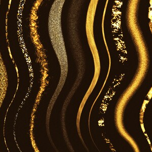 May include: A digital illustration of 10 wavy lines in various shades of gold and silver on a black background.