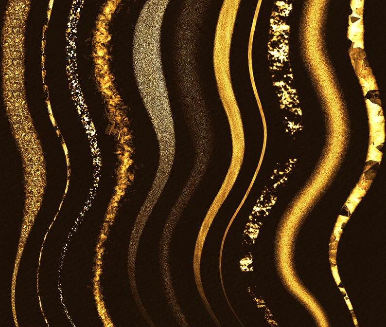 May include: A digital illustration of 10 wavy lines in various shades of gold and silver on a black background.