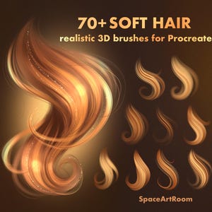 Puede incluir: Imagen que muestra 70+ pinceles 3D realistas de cabello suave para Procreate. La imagen presenta un mechón de cabello castaño dorado que fluye con reflejos y varios ejemplos de pinceles de cabello más pequeños. El fondo es un degradado de marrón.