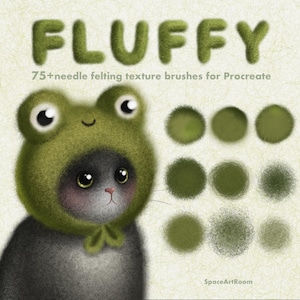 May include: Digital art illustration featuring a gray cat wearing a green frog hat. The word "FLUFFY" is written in green, textured letters above the cat. The image also includes samples of needle felting texture brushes for Procreate.