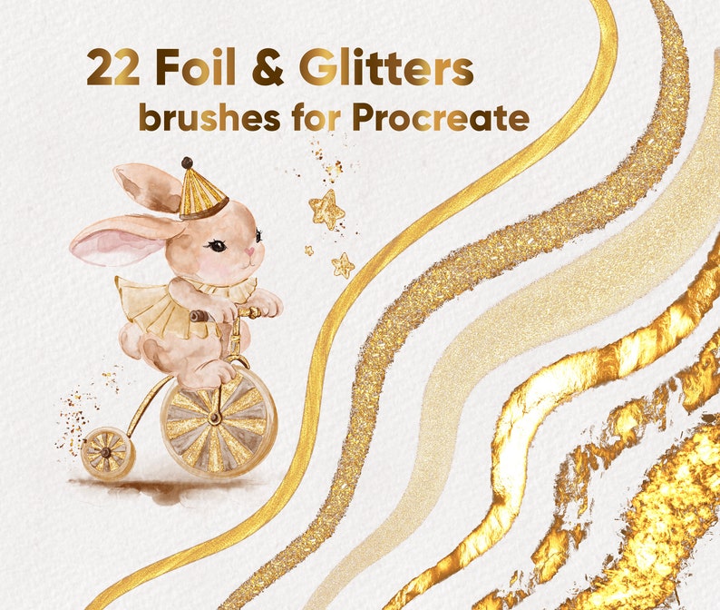 May include: A set of 22 gold foil and glitter brushes for Procreate. The brushes are displayed on a white background with a gold glitter design. The brushes are ideal for adding a touch of sparkle and glamour to your digital art.