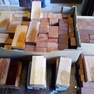May include: A collection of rectangular wooden blocks in various shades of brown, ranging from light tan to deep reddish-brown. The blocks are organised in two cardboard boxes, with several additional stacks of blocks arranged in front of the containers.
