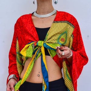 Red Floral Geometric Silk Bell Sleeve Blouse Wrap Crop Top Jacket, 60s 70s hippie boho clothes