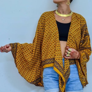 Soft Silk Bell Sleeve Blouse, Wrap Crop Top Jacket, Yellow Floral Paisley, Sustainable clothing, Hippy Clothing