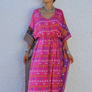 Pink Silk kaftan tunic dress, Geometric pattern, handmade with 100% pure recycled silk from vintage sari,