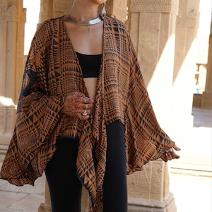 Silk Bell Sleeve Blouse, Wrap Crop Top Jacket, Psychedelic Geometric Orange, Sustainable clothing, Hippy Clothes, Vintage, Soft Shining Silk