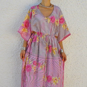 Floral Silk kaftan tunic dress, handmade with 100% pure recycled silk, vintage clothing