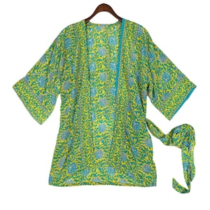 Floral silk kimono blouse, blouson gown dress with belt made, made with 100% Recycled sari
