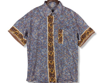 Blue Vintage Silk Shirt, XL, Floral print, Hippie Clothes, Fancyboho, 70s Clothing
