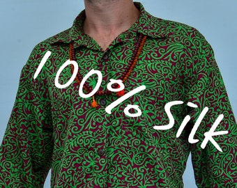 Silk Men Shirt, M L, Green Red Paisley Tribal Plants, Long Sleeve,  coconut buttons , 70s Clothing, Hippie Boho Clothes