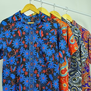Orange red blue silk shirt, coconut buttons, abstract psychedelic floral baroque Paisley pattern
