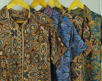 Brown blue green silk shirts, coconut buttons, baroque Paisley floral patterns