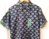Silk mix Rayon Shirt, fit S M Short Sleeve, Festival Boho Tribal