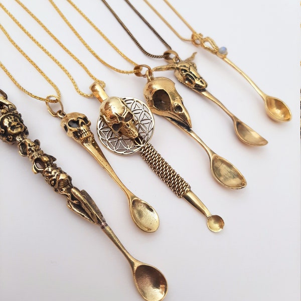 Mini Brass Spoons Necklace Skull Stones Pendants Gypsy Boho Tribal Jewelry Pendant Necklace