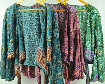 Paisley Floral Silk Bell Sleeve Blouse, Wrap Crop Top Jacket, New Sari, Gold Block Print, Hippy Tee, Emerald Pink Green
