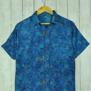 Blue Silk shirt L, Geometric Short Sleeve, Sustainable Clothes, Hippy Men Shirt