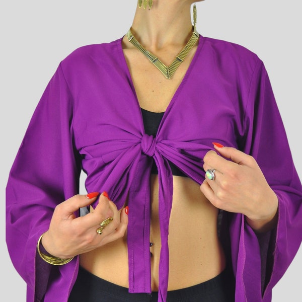Purple Bell Sleeve Blouse Wrap Crop Top, 60s 70s hippie boho clothes