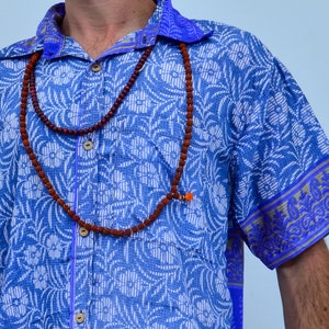 Blue Floral Silk shirt M L, Short Sleeve, Sustainable Clothes, Hippy Men Shirt