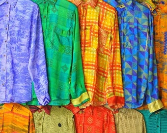 Man Silk Shirts wholesale bulk lot stock blue brown orange red coconut buttons, Sari Shirt Psychedelic, Hippie Boho. FancyBoho 100% upcycled