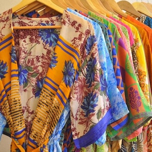 Silk Kimono Bulk Lot Jacket with belt Blouse Geometrics Florals Mix Patterns, Sustainable Clothing, 70s 80s 90s boho style Upcycled Sari