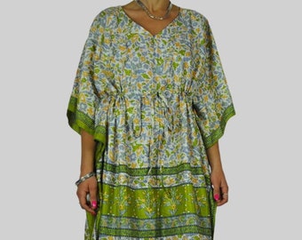 Robe tunique caftan en soie jaune vert, faite à la main avec 100% de soie recyclée pure issue de sari vintage, par FancyBoho