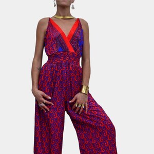 Silk Dungarees, Jumpsuit, Trouser Suit, Blue Red Geometric Floral, Vintage Style, &#39;60 &#39;70, Hippy Clothing, Silk Dress, Sustainable