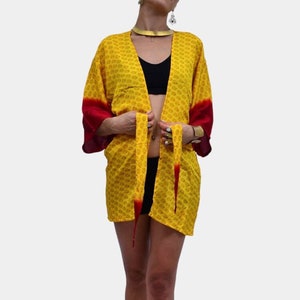 Silk Jacket with belt, Kimono Blouse, Yellow Red, Sustainable Clothing, 70s Clothes, Recycled