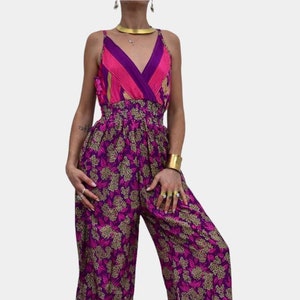 Silk Dungarees, Jumpsuit, Trouser Suit, Purple Pink Floral Leafs , Vintage Style, &#39;60 &#39;70, Hippy Clothing, Silk Dress, Sustainable