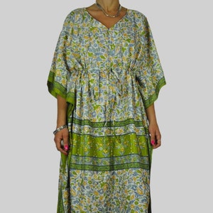 Green Yellow Silk kaftan tunic dress, handmade with 100% pure recycled silk from vintage sari, by FancyBoho