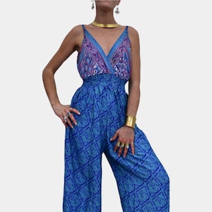 Silk Dungarees, Jumpsuit, Trouser Suit, Blue Pink Floral, Vintage Style, Recycled Sari, Silk Dress, Sustainable clothes