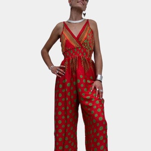 Silk Dungarees, Jumpsuit, Trouser Suit, Red Green Geometric, Vintage Style, Recycled Sari, Silk Dress, Sustainable clothes