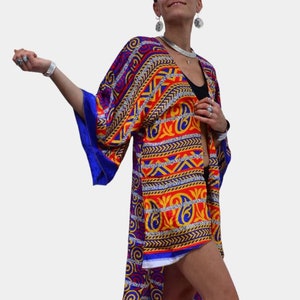 Silk kimono, vintage Jacket, dress cardigan, Red Blue Yellow Spiral Psychedelic Geomtric, Vintage Clothes, Gipsy